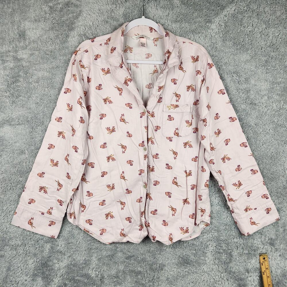 Victorias Secret Pajama Shirt Womens Medium Pink Fox Crown Tall Long Sleeve Logo
